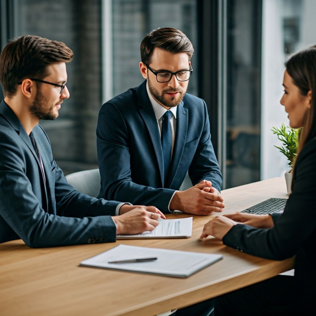 Financial advisors collaborating with clients in modern office